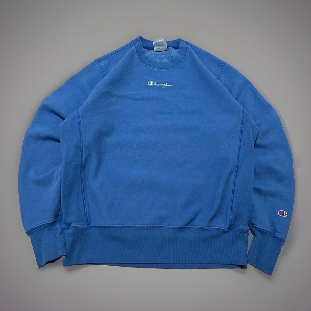 Champion Reverse Weave Mens Blue Fleece Center Logo Pullover Sweatshirt Size M